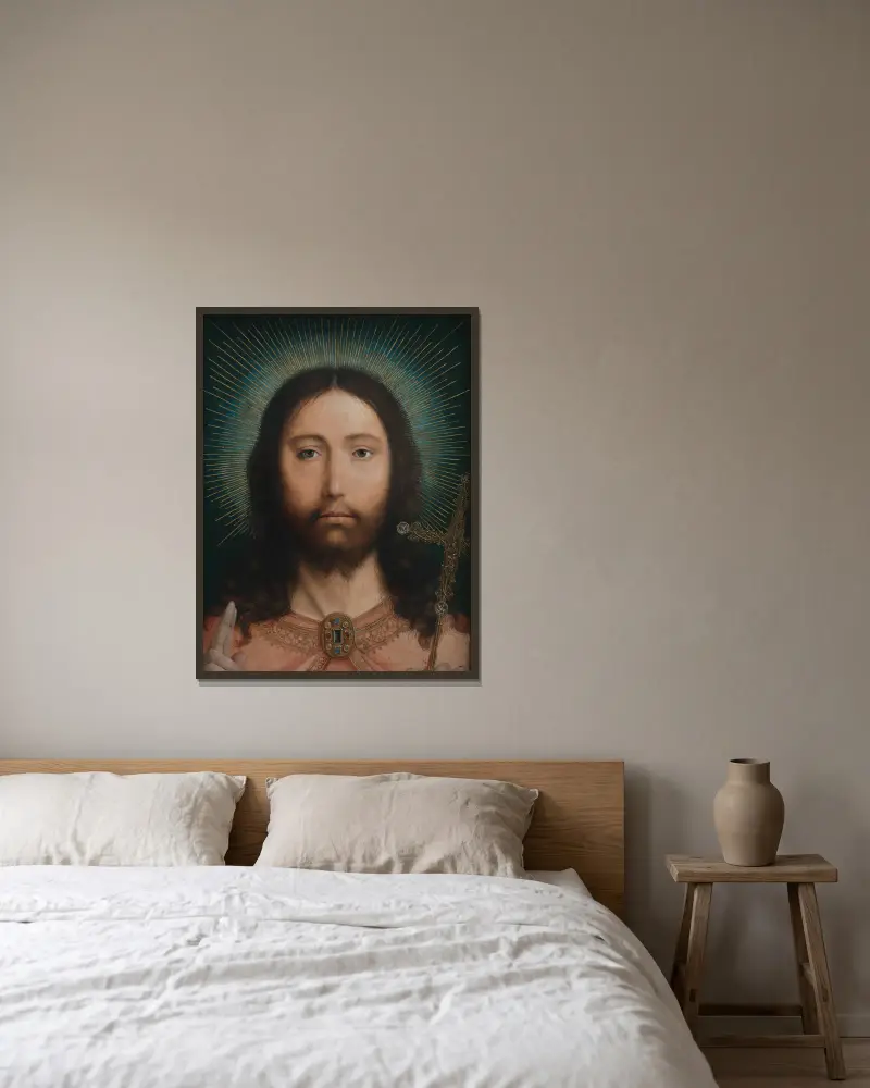 Christ Salvator Mundi av Quentin Massys inramad på en vägg