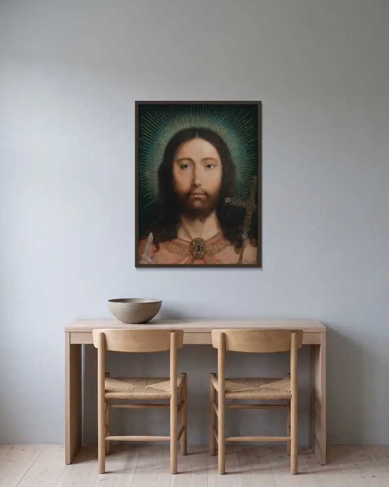 Christ Salvator Mundi av Quentin Massys inramad på en vägg