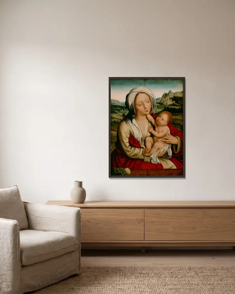 Madonna and Child, 1520 av Quentin Massys inramad på en vägg