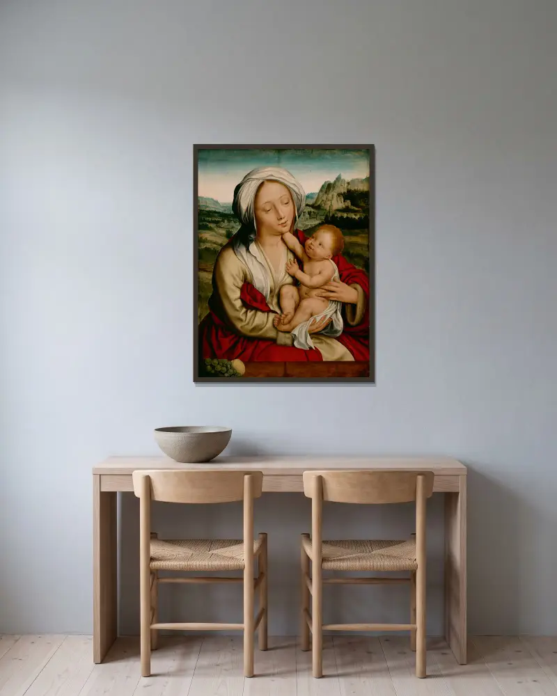 Madonna and Child, 1520 av Quentin Massys inramad på en vägg