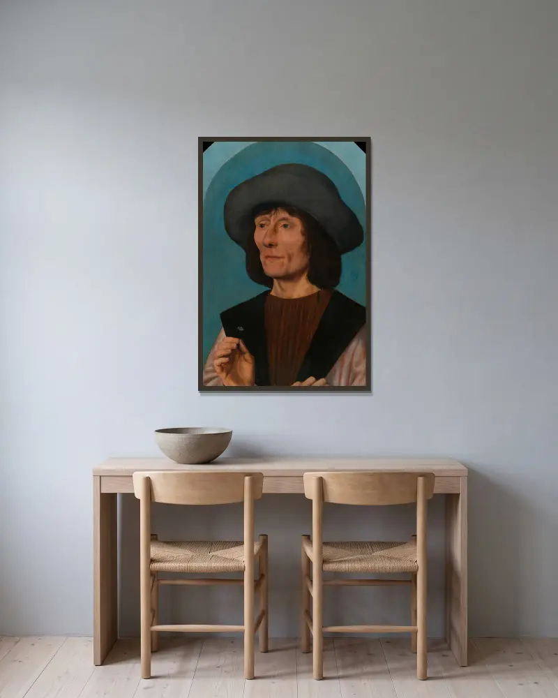 Portrait of a Man with a Pink av Quentin Massys inramad på en vägg