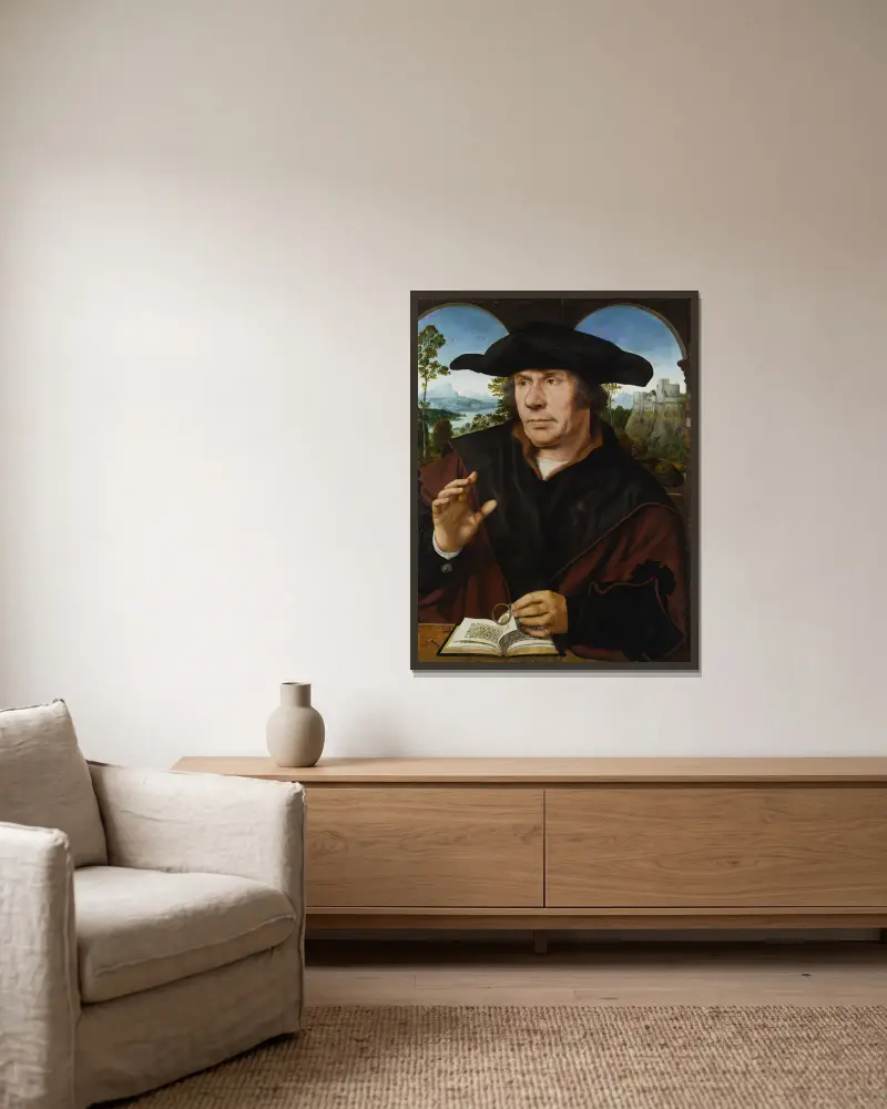 Portrait of a Scholar av Quentin Massys inramad på en vägg