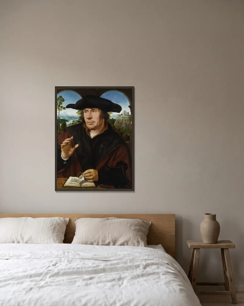 Portrait of a Scholar av Quentin Massys inramad på en vägg