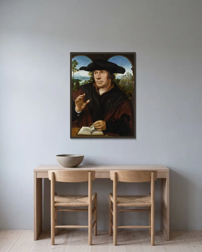 Portrait of a Scholar av Quentin Massys inramad på en vägg