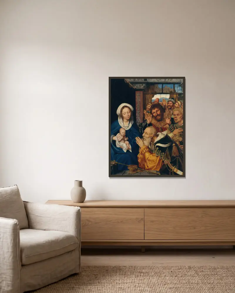 The Adoration of the Magi av Quentin Massys inramad på en vägg