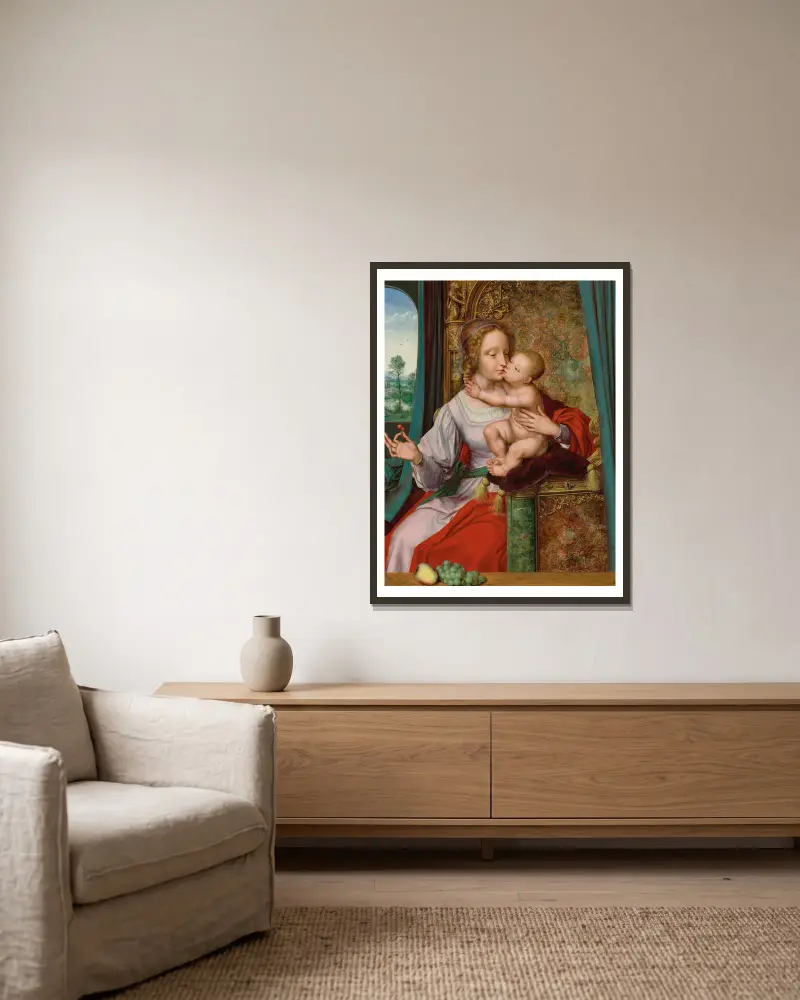 The Madonna of the Cherries av Quentin Massys inramad på en vägg