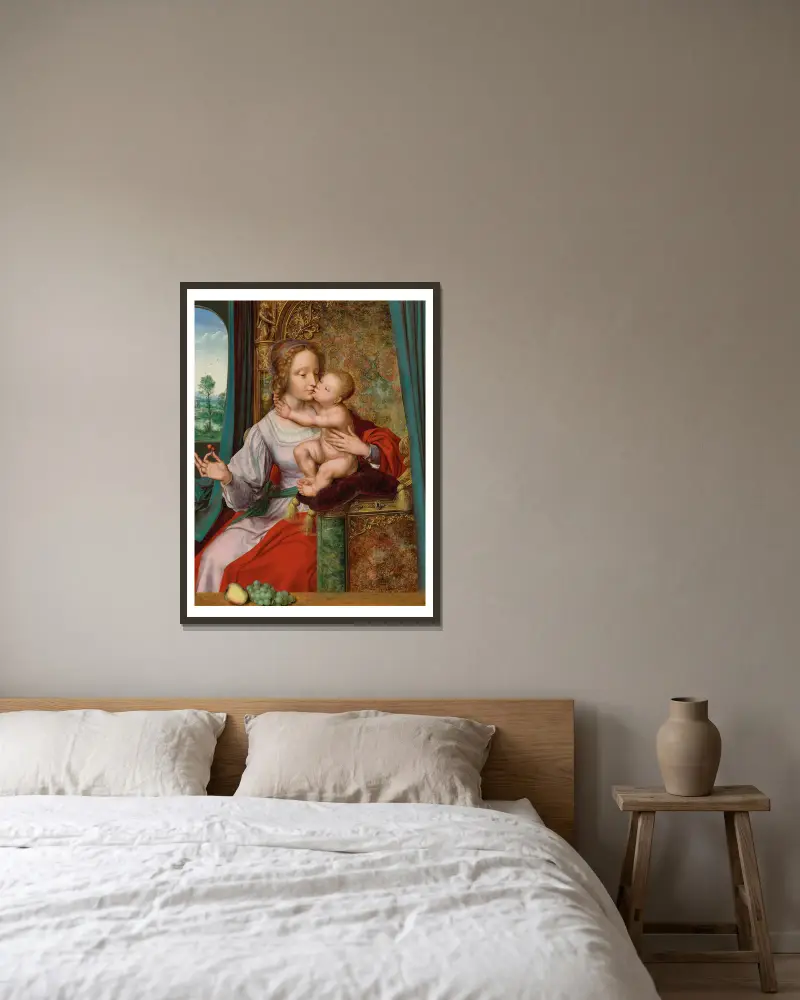 The Madonna of the Cherries av Quentin Massys inramad på en vägg