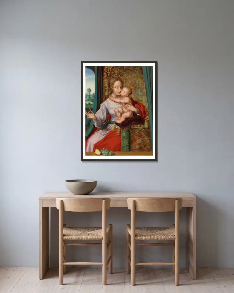 The Madonna of the Cherries av Quentin Massys inramad på en vägg