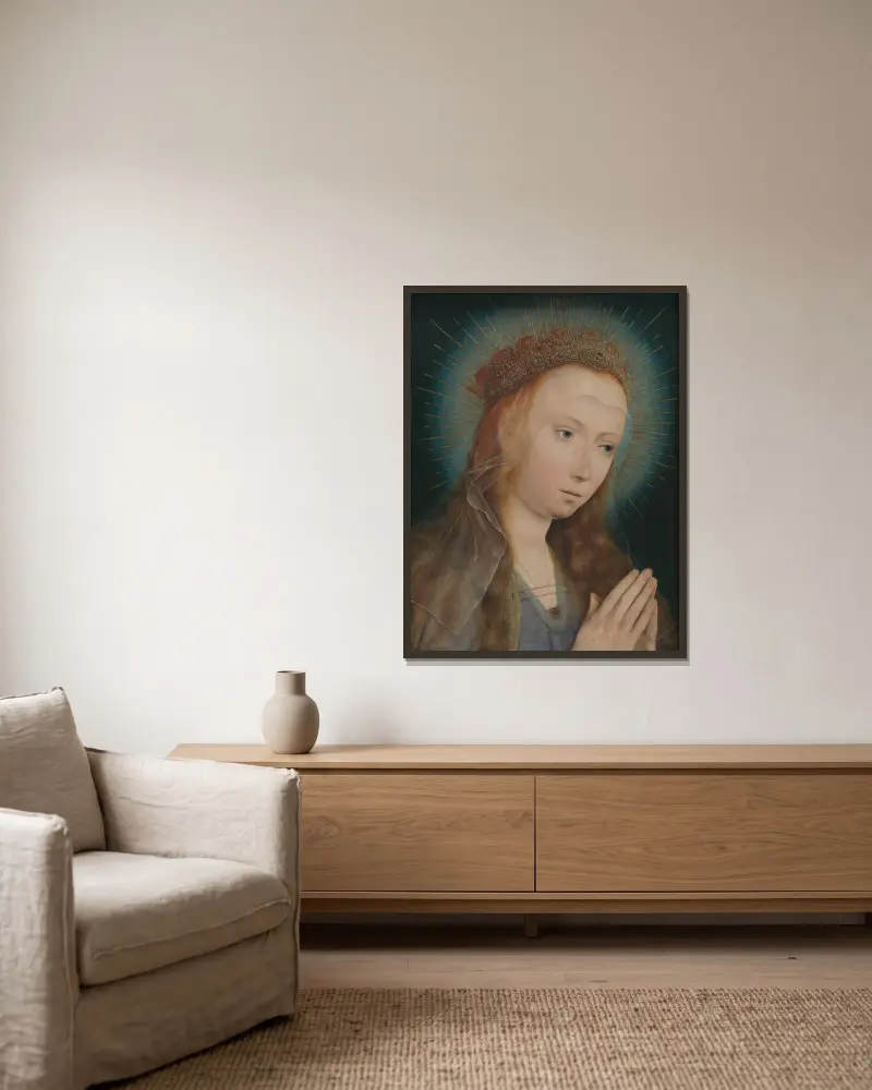 Jungfrau im Gebet von Quentin Massys gerahmt an einer Wand