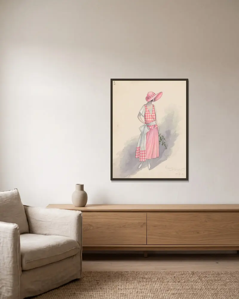 Gingham girl av Will R. Barnes inramad på en vägg