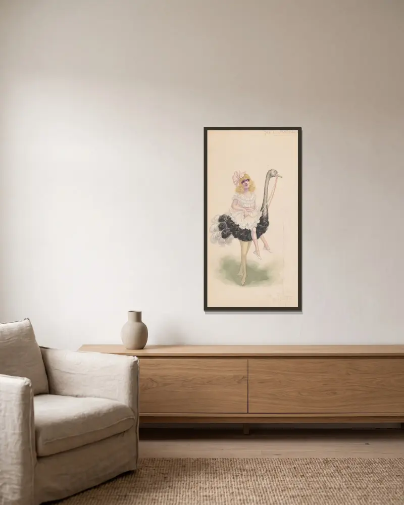Flickor på strutsar av Will R. Barnes inramad på en vägg