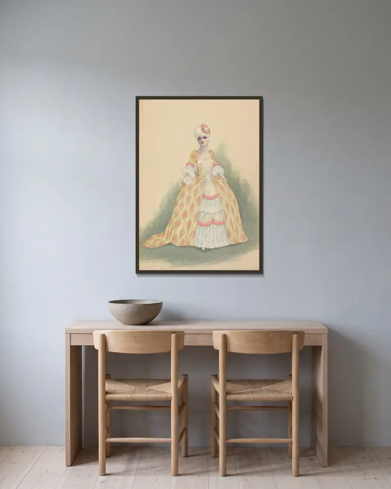 Kvinna i gul, vit och rosa klänning av Will R. Barnes inramad på en vägg