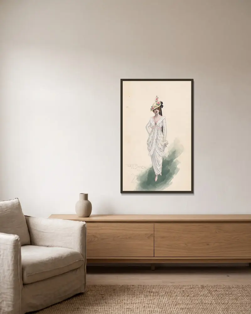 Woman’s costume von Will R. Barnes gerahmt an einer Wand