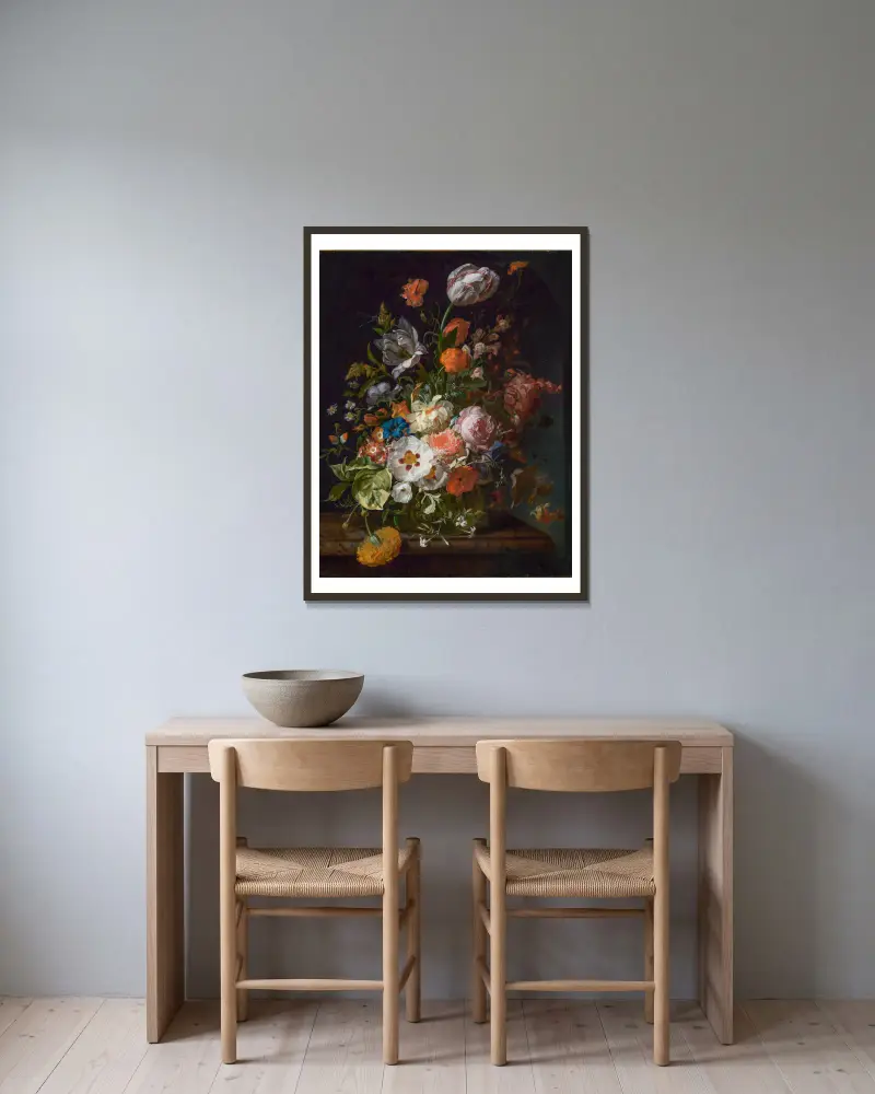Květinová kytice, Rachel Ruysch v rámu na stěně