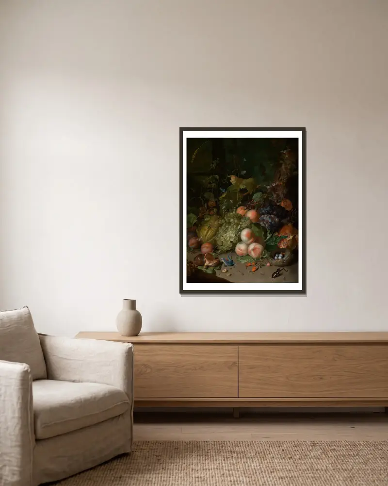 Fruchtstilleben mit Hirschkäfer und Nest av Rachel Ruysch inramad på en vägg