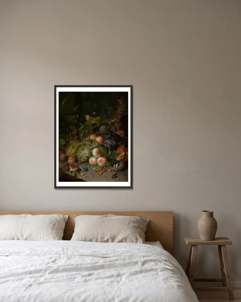 Fruchtstilleben mit Hirschkäfer und Nest av Rachel Ruysch inramad på en vägg