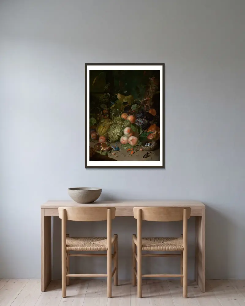 Fruchtstilleben mit Hirschkäfer und Nest av Rachel Ruysch inramad på en vägg