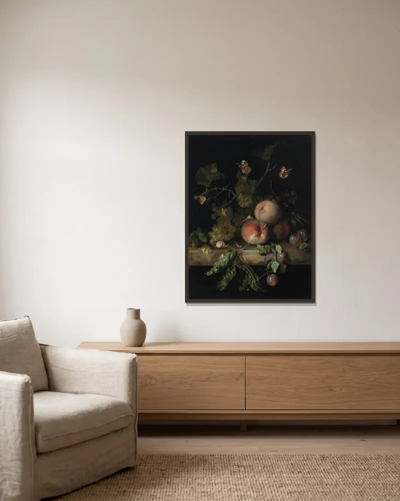 Peaches, grapes and plums with a dragonfly, snail, caterpillar, butterfly and other insects on a stone ledge av Rachel Ruysch inramad på en vägg