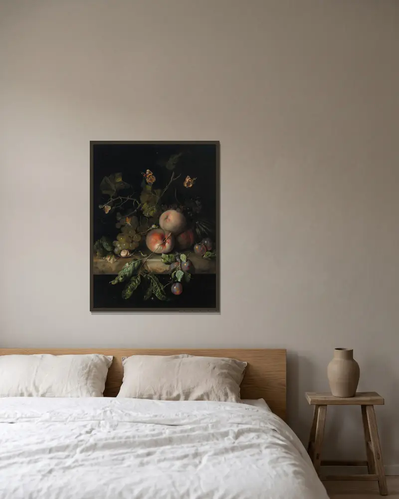 Peaches, grapes and plums with a dragonfly, snail, caterpillar, butterfly and other insects on a stone ledge av Rachel Ruysch inramad på en vägg