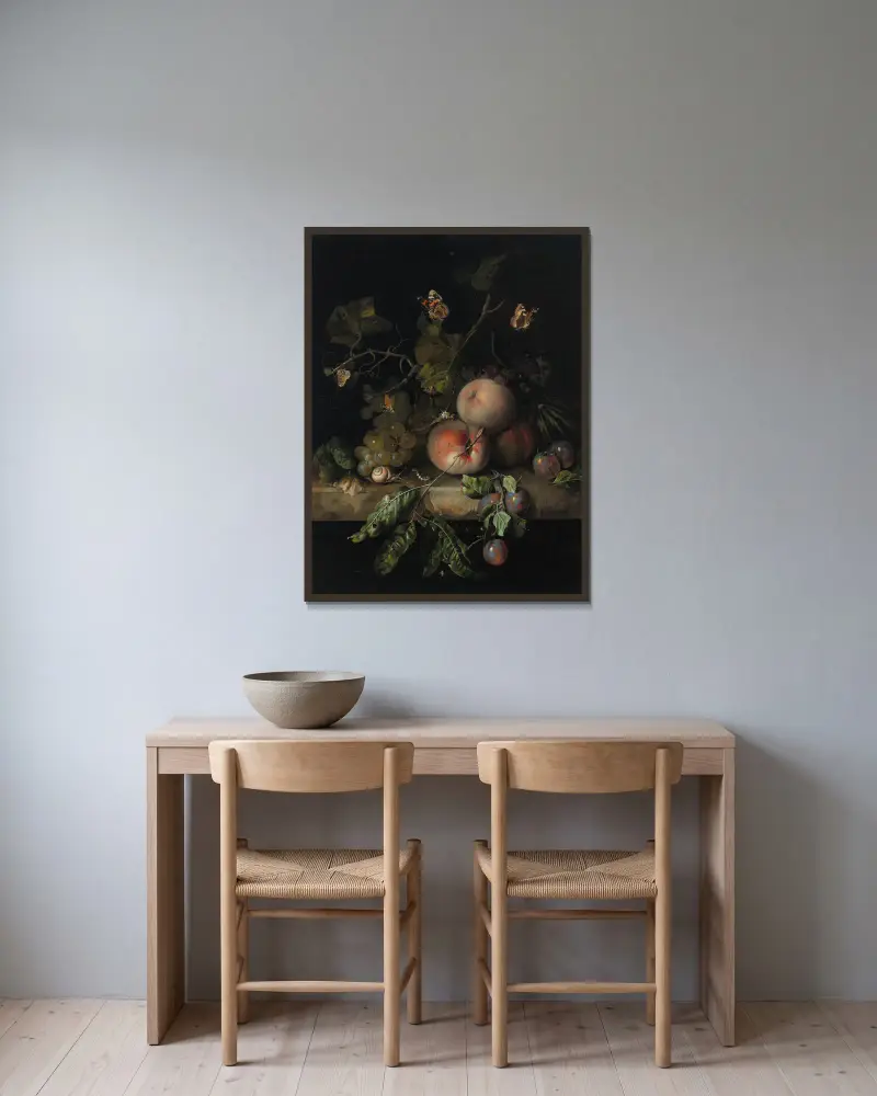 Peaches, grapes and plums with a dragonfly, snail, caterpillar, butterfly and other insects on a stone ledge av Rachel Ruysch inramad på en vägg