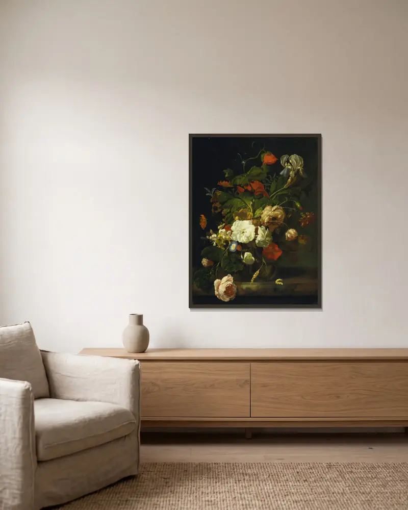 Still Life With Bouquet Of Flowers av Rachel Ruysch inramad på en vägg