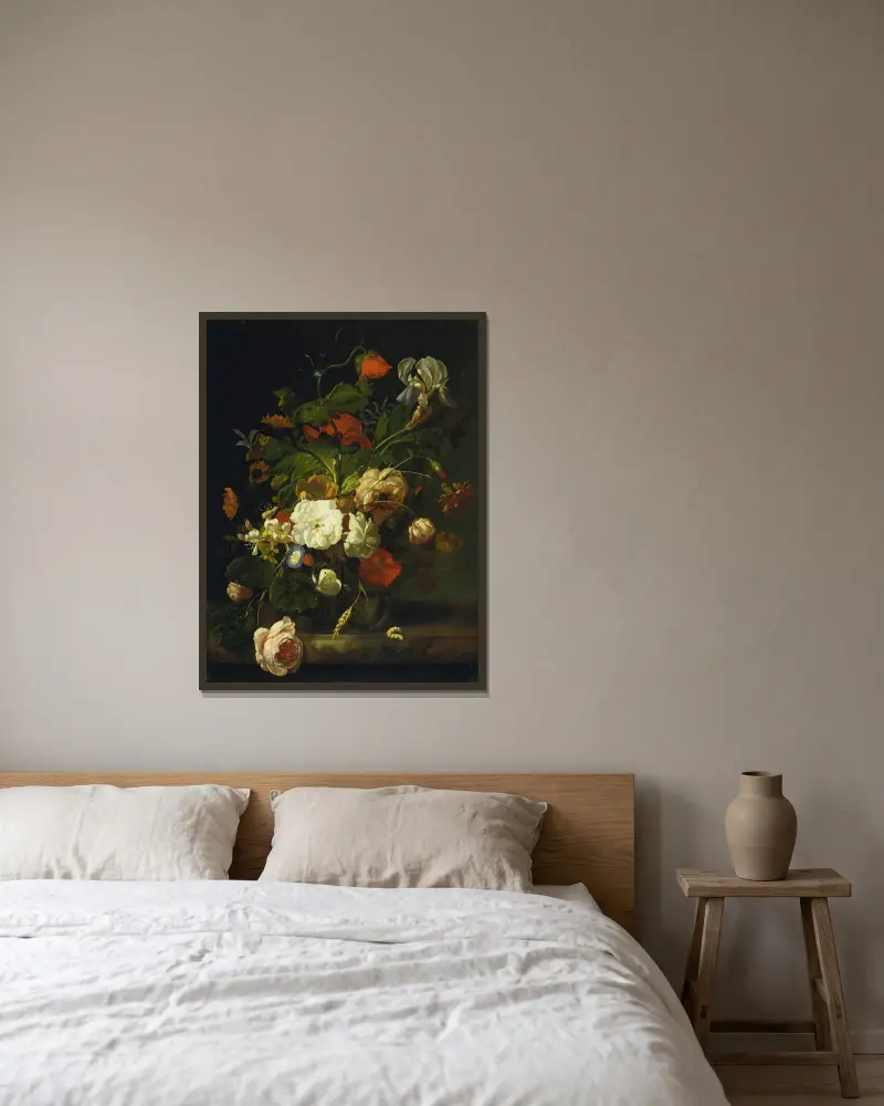 Still Life With Bouquet Of Flowers av Rachel Ruysch inramad på en vägg