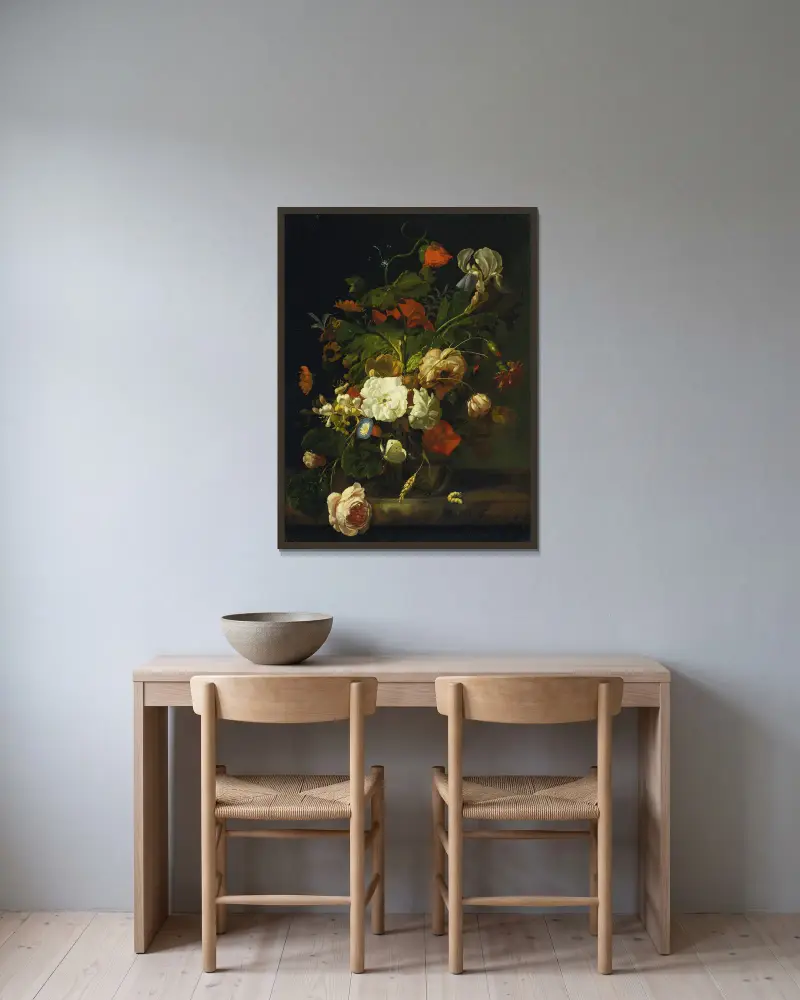Still Life With Bouquet Of Flowers av Rachel Ruysch inramad på en vägg