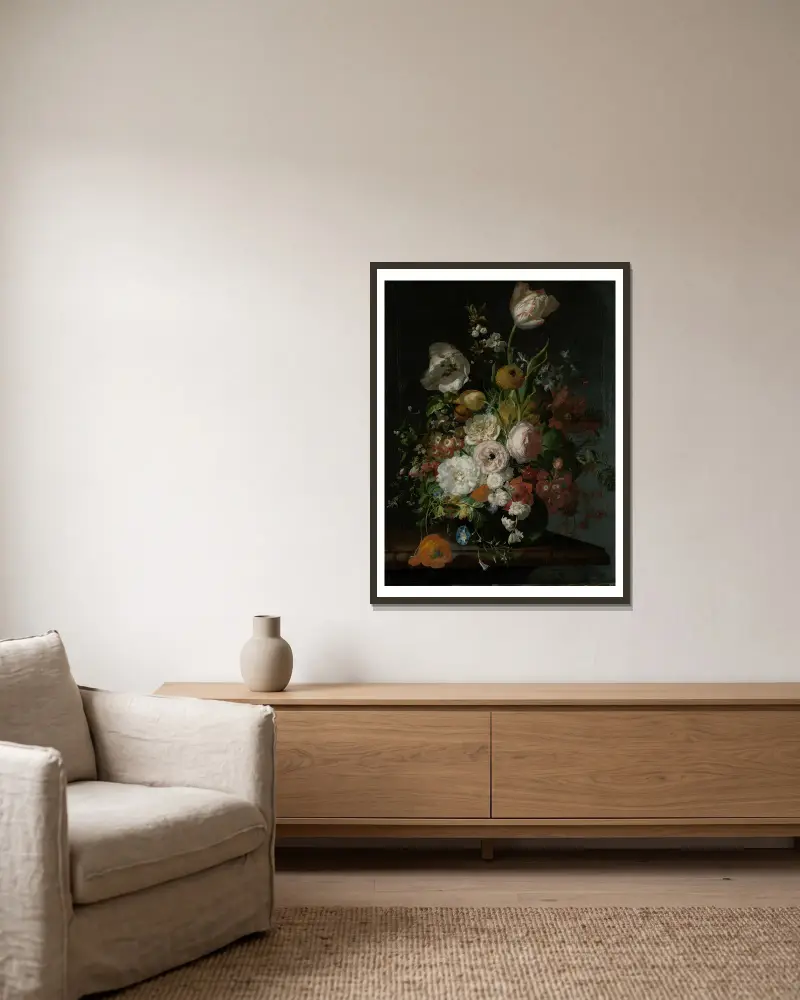 Still Life with Flowers in a Glass Vase av Rachel Ruysch inramad på en vägg