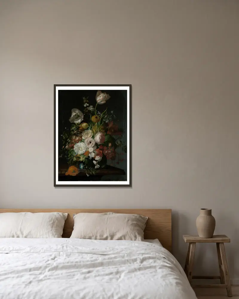 Still Life with Flowers in a Glass Vase av Rachel Ruysch inramad på en vägg