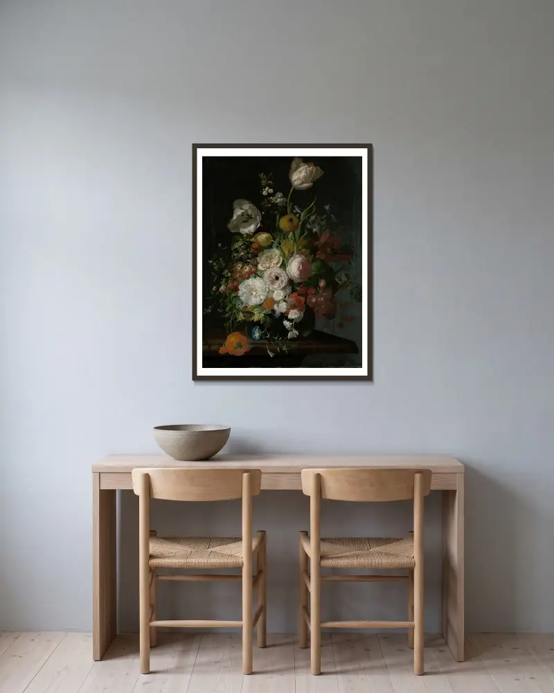 Still Life with Flowers in a Glass Vase av Rachel Ruysch inramad på en vägg