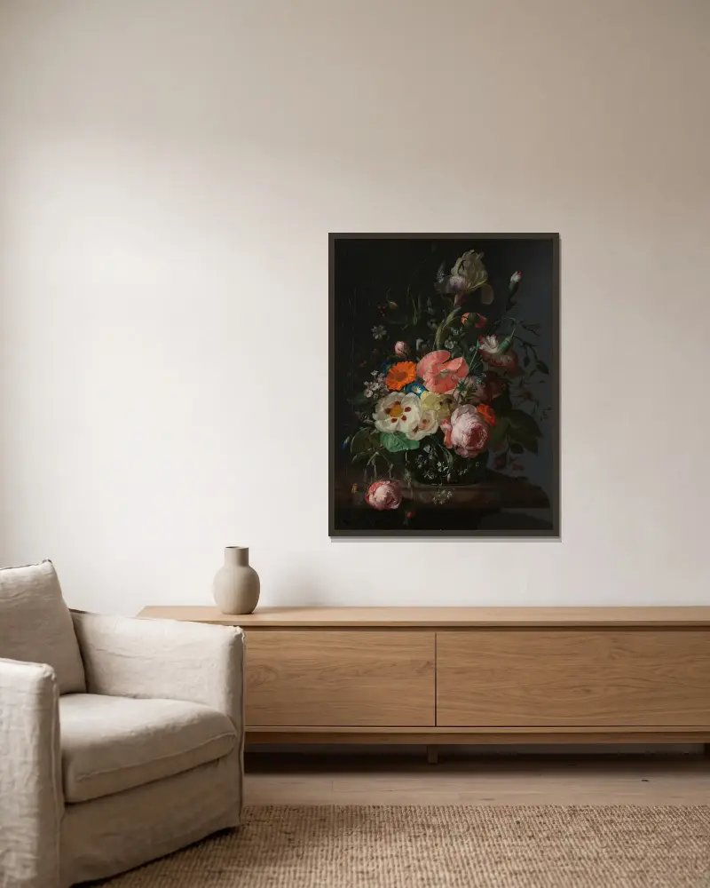 Still Life with Flowers on a Marble Tabletop av Rachel Ruysch inramad på en vägg