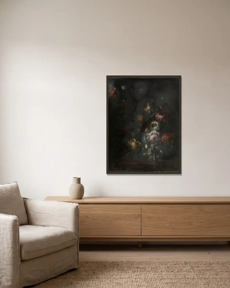 Still Life with Flowers av Rachel Ruysch inramad på en vägg