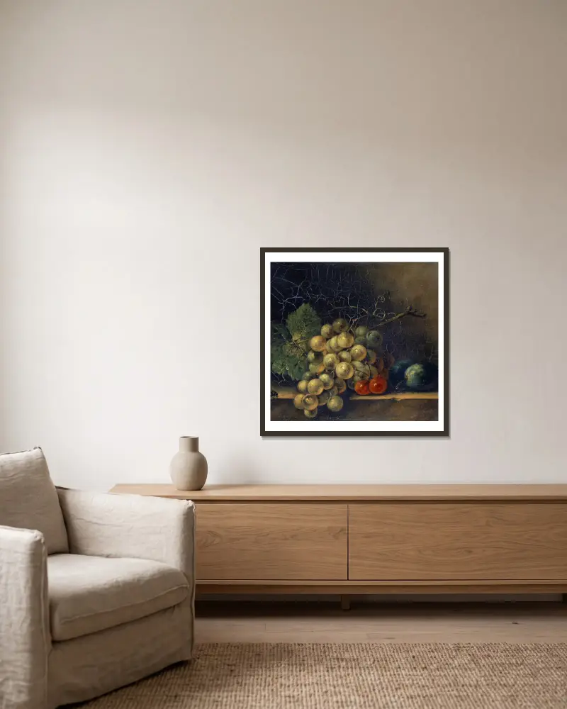 Still Life With Grapes, Stone Fruit And Fly av Rachel Ruysch inramad på en vägg