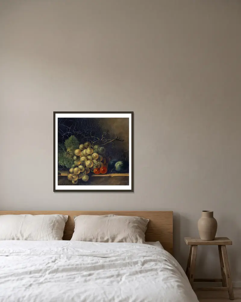 Still Life With Grapes, Stone Fruit And Fly av Rachel Ruysch inramad på en vägg