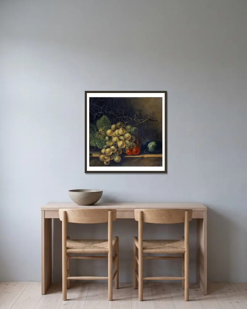 Still Life With Grapes, Stone Fruit And Fly av Rachel Ruysch inramad på en vägg