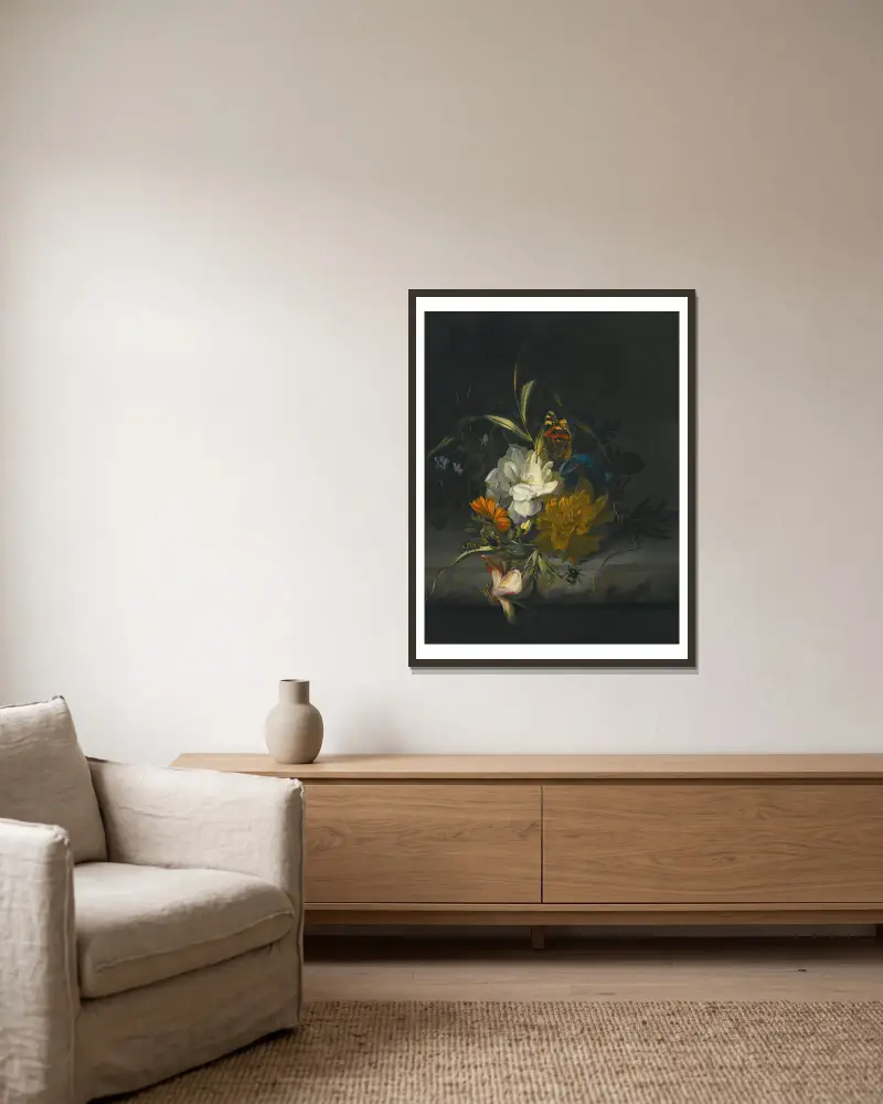 Still Life With Marigolds, Morning Glory, A Passion Flower And Other Assorted Flowers, Together With Insects On A Stone Ledge av Rachel Ruysch inramad på en vägg