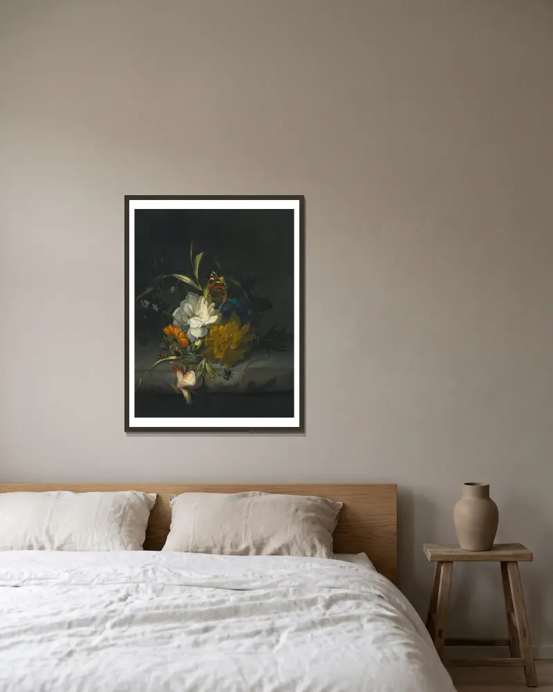 Still Life With Marigolds, Morning Glory, A Passion Flower And Other Assorted Flowers, Together With Insects On A Stone Ledge av Rachel Ruysch inramad på en vägg