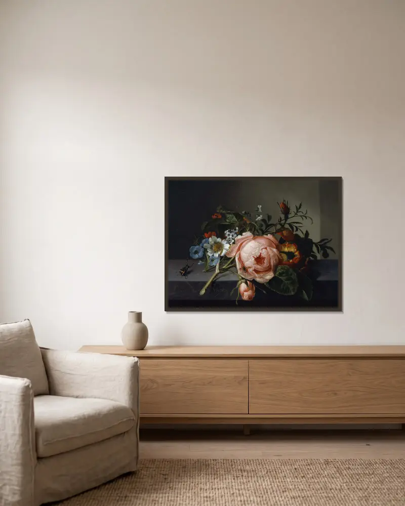 Still Life With Rose Branch, Beetle And Bee av Rachel Ruysch inramad på en vägg
