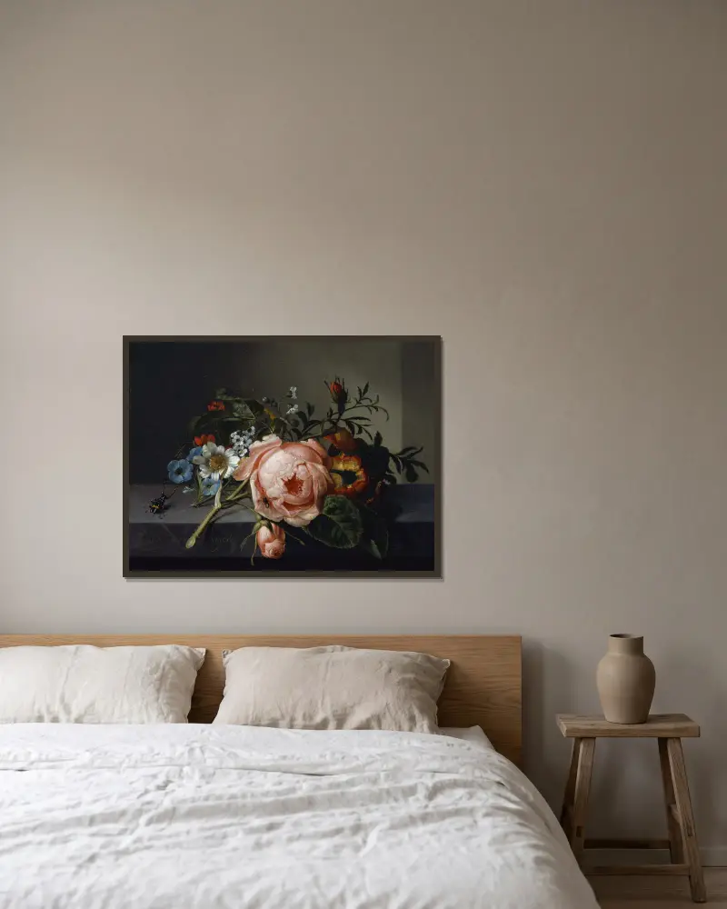 Still Life With Rose Branch, Beetle And Bee av Rachel Ruysch inramad på en vägg