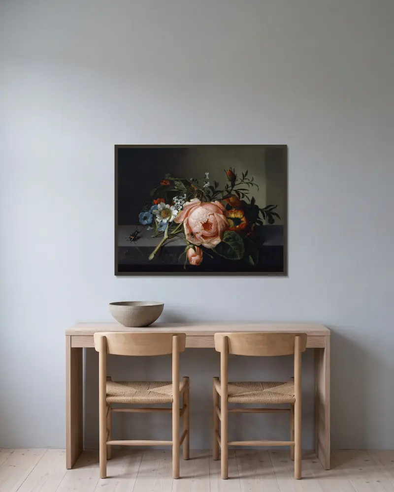 Still Life With Rose Branch, Beetle And Bee av Rachel Ruysch inramad på en vägg