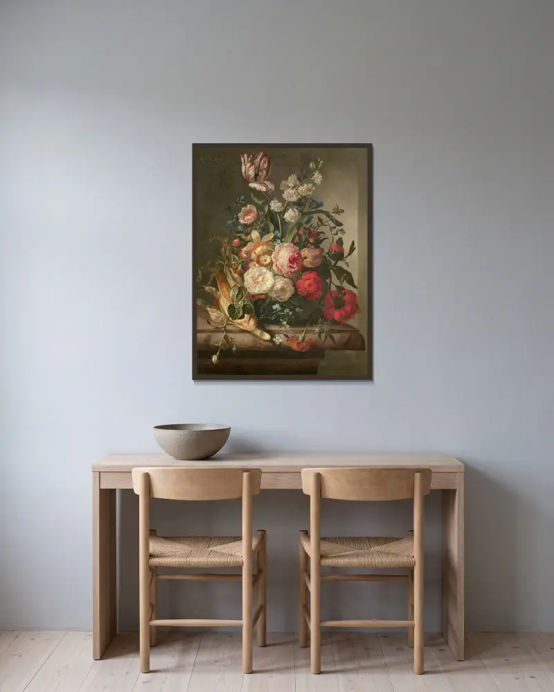 Vase de fleurs et épis de maïs dans une niche av Rachel Ruysch inramad på en vägg