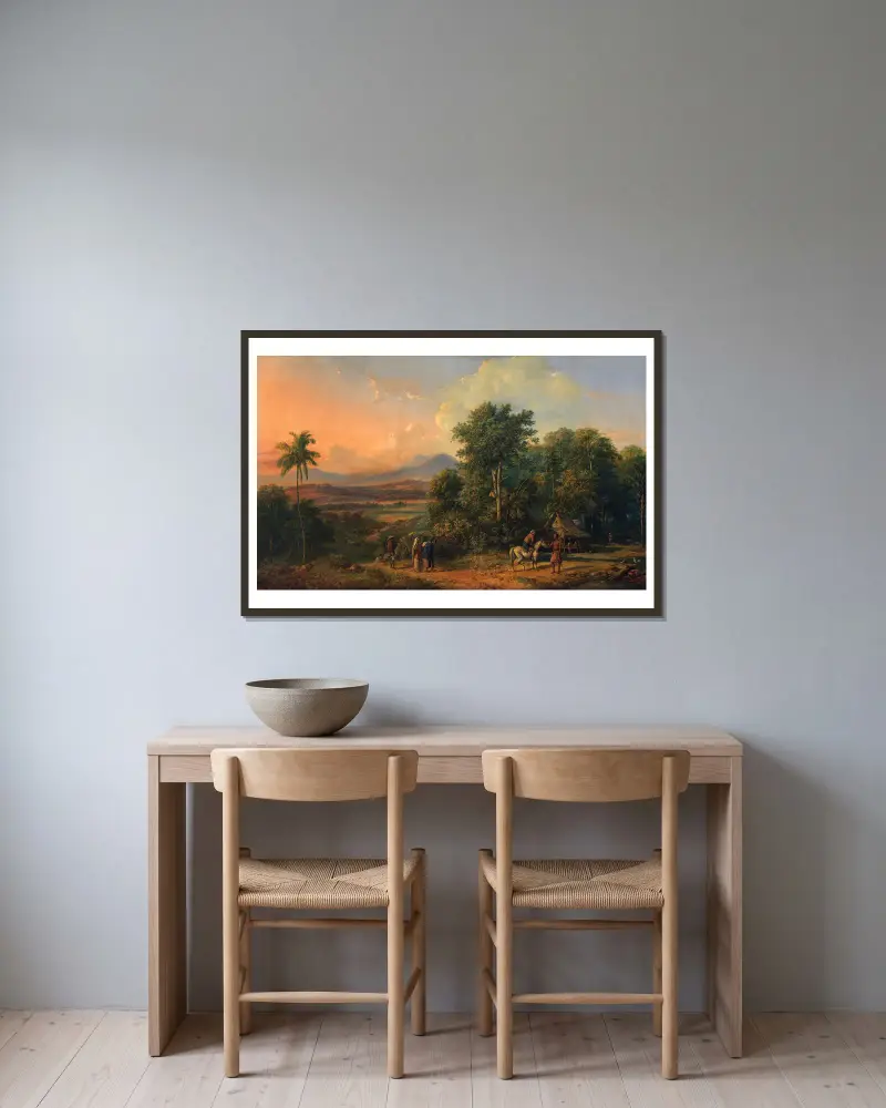 Forest And Native House av Raden Saleh inramad på en vägg