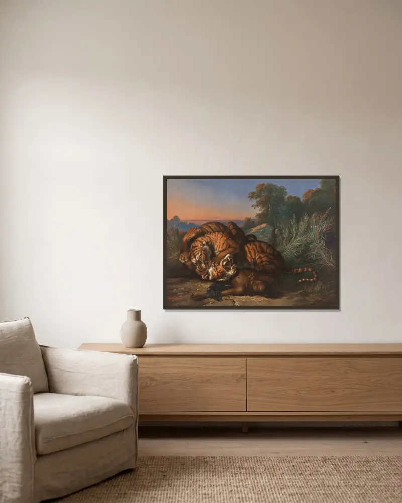 Kämpfende Tiger von Raden Saleh gerahmt an einer Wand
