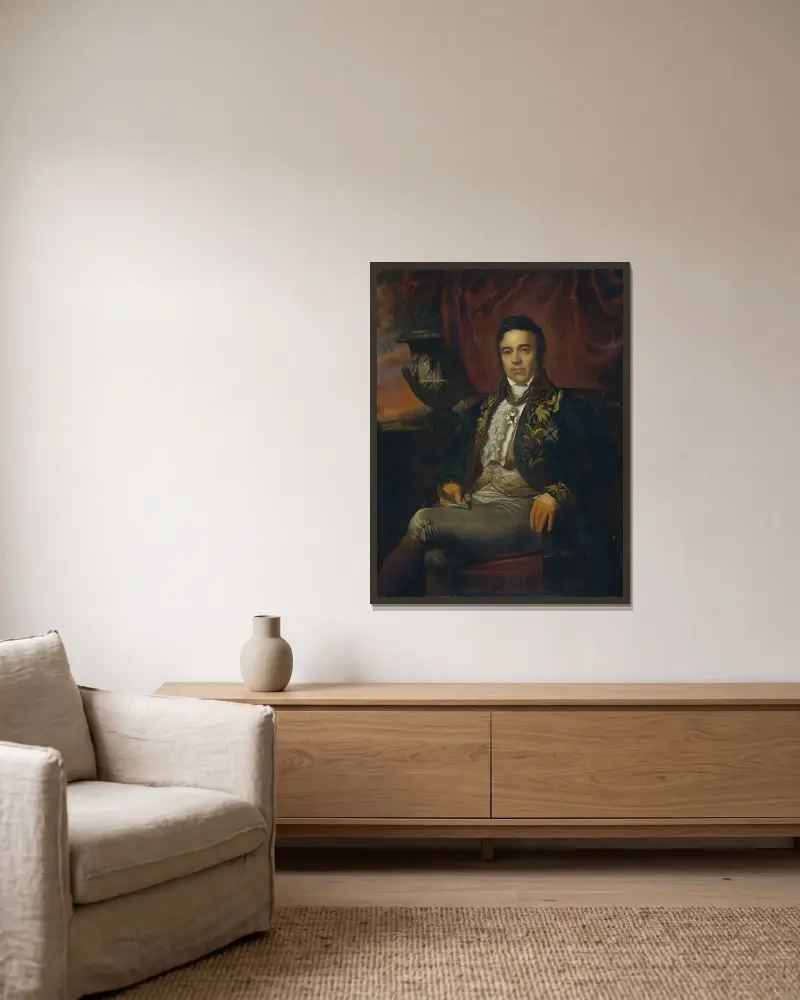 Portrait of Jean Chrétien Baud, Governor-General ad interim of the Dutch East Indies av Raden Saleh inramad på en vägg