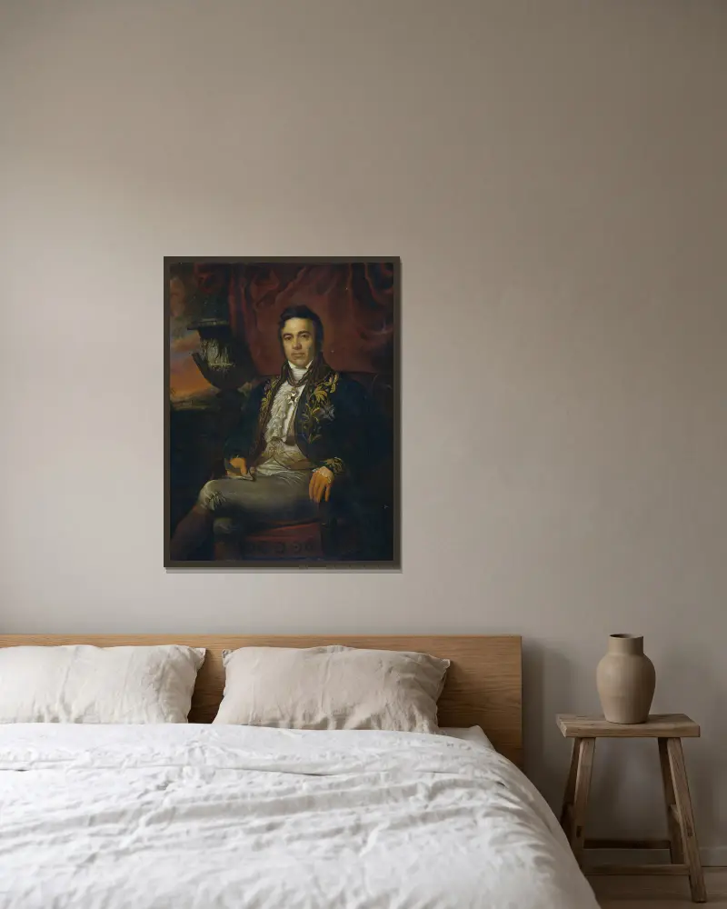Portrait of Jean Chrétien Baud, Governor-General ad interim of the Dutch East Indies av Raden Saleh inramad på en vägg