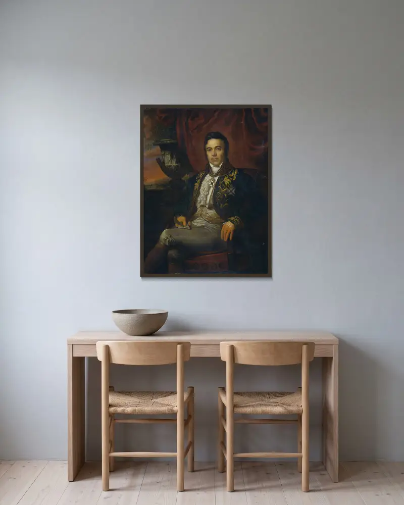Portrait of Jean Chrétien Baud, Governor-General ad interim of the Dutch East Indies av Raden Saleh inramad på en vägg