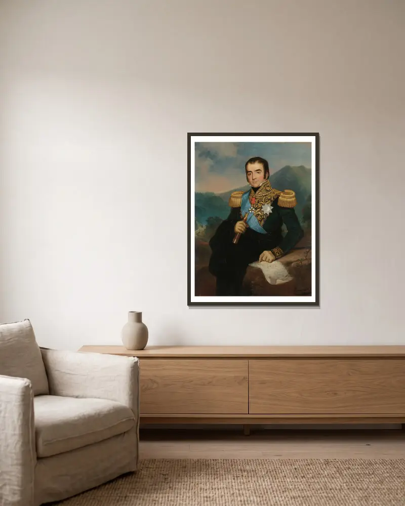 Posthumous Portrait of Herman Willem Daendels, Governor-General of the Dutch East Indies av Raden Saleh inramad på en vägg