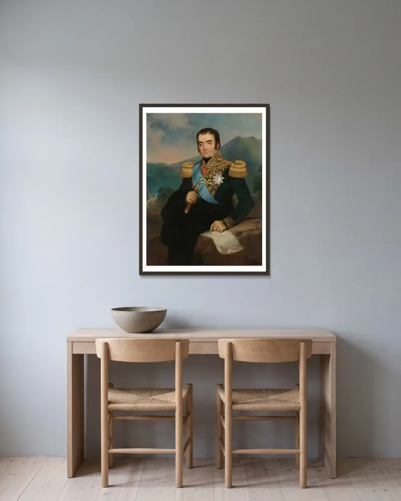 Posthumous Portrait of Herman Willem Daendels, Governor-General of the Dutch East Indies av Raden Saleh inramad på en vägg