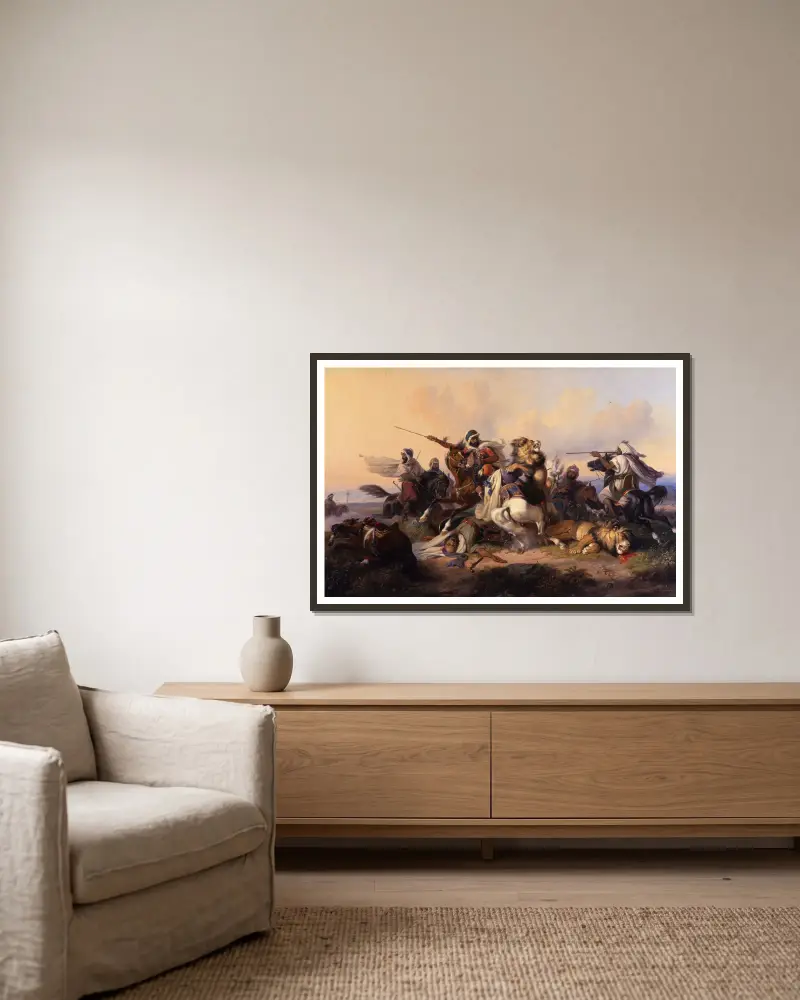 The Lion hunt av Raden Saleh inramad på en vägg