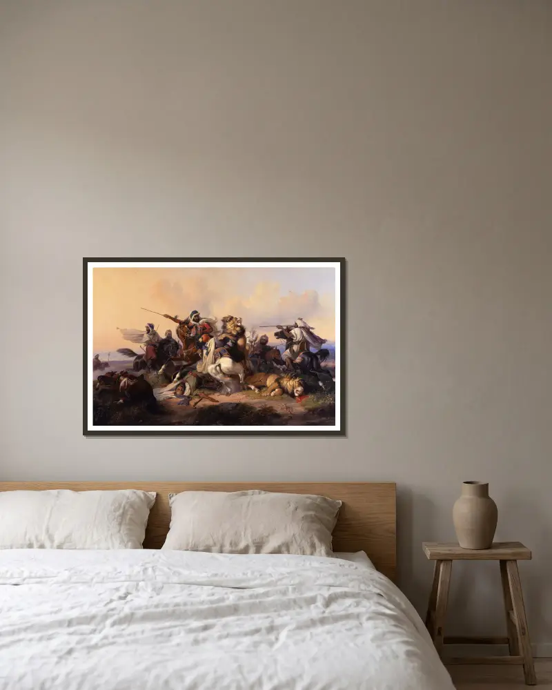 The Lion hunt av Raden Saleh inramad på en vägg